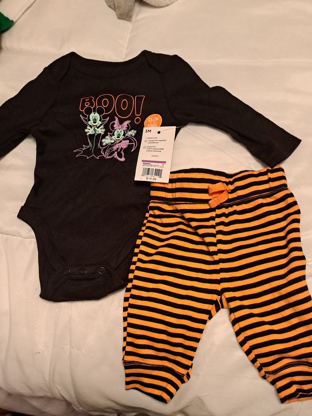 Kohl's Black 'BOO' Glow Graphic Bodysuit with Orange & Black Striped Pants NWT